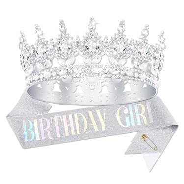 Imagem de YOUlDIANZI Coroas de aniversário com coroa de rainha, faixa de aniversário para meninas, conjunto de tiara de aniversário para mulheres, tiara de aniversário de princesa com strass, presentes de