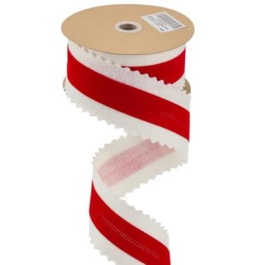 Imagem de MEEDEE Fita de feltro de Natal com fio de 6 cm, 10 metros branca com recorte de rack médio de veludo vermelho para decoração de árvores, arco de topo, guirlanda