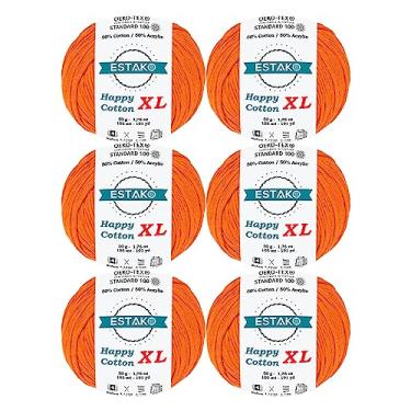 Imagem de Estako Happy Cotton XL, (pacote com 6 novelos) 50% algodão 50% fio acrílico, macio, peso médio (4) para crochê e tricô (15 x 50 g) / (6 x 114 jardas) (4720 - laranja)