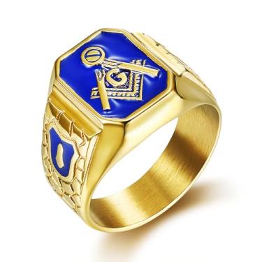 Imagem de VUIFONGS Anéis quadrados com símbolo maçônico AG para homens anel religioso feminino de aço inoxidável para homens anéis de metal pesado cristão (8), ouro