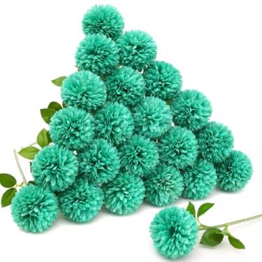 Imagem de Floweroyal 24 peças de flores azul-petróleo bola de crisântemo artificial seda hortênsia flores buquê de casamento para casa, jardim, festa, escritório, decoração de café