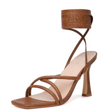 Imagem de Mostrin Sandálias femininas de salto com tiras para mulheres, salto com cadarço, bico aberto, salto alto, sandálias de amarrar para formatura, festa, uso diário, Marrom, 42