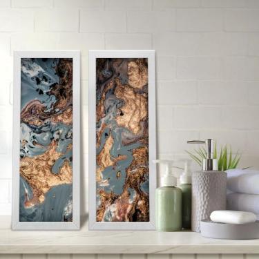 Imagem de Kit 2 Quadros Decorativos Lavabo Azul Dourado Mármore - Deliquadros, B