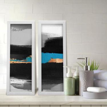 Imagem de Kit 2 Quadros Decorativos Lavabo Abstrato Pintura Pinceladas Preto Cin