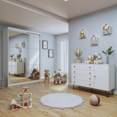Imagem de Quarto Infantil Guarda-Roupa 2 Portas Espelhadas Lumi com Cômoda 1 Porta 4 Gavetas Aurora Branco