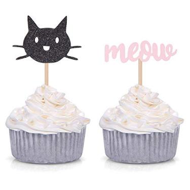 Imagem de Giuffi 24 unidades de enfeites de cupcake de gato preto e miau para meninas para aniversário/amante de gatinhos/decorações de festa de gatinho