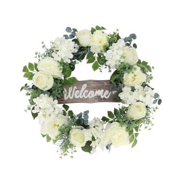 Imagem de Puleo International Guirlanda de primavera floral de 66 cm de peônia artificial e rosa com placa de boas-vindas de madeira