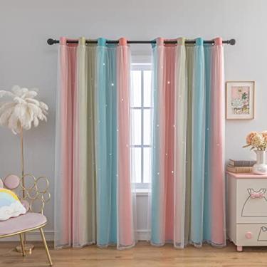 Imagem de Cortinas rosa para quarto de meninas cortinas de escurecimento para quarto de crianças cortinas de berçário para meninas, cortinas arco-íris com recorte de estrela de camada dupla, cortinas rosa e azul 153 cm de comprimento 2 painéis ilhós