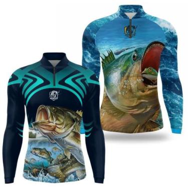Imagem de Kit 2 Camisa Camiseta Pesca Masculina Manga Longa Proteção UV 50 Pesca