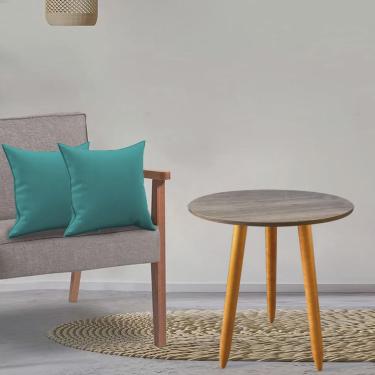 Imagem de Kit Mesa Lateral Madrid Pé Palito Freijó e 2 Almofadas Com Enchimento Suede Azul Turquesa - Ahz Móveis