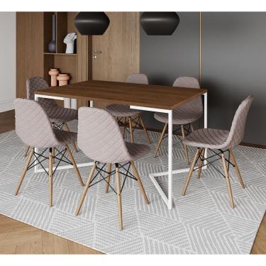 Imagem de Mesa Industrial Retangular Amêndoa Base V Aço Branco 137x90cm 6 Cadeiras Madeira Estofadas Nude Médi