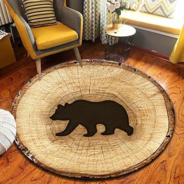 Imagem de Qmkmyy Tapete redondo de urso preto com anel de árvore, textura de madeira rústica, tapete circular anual para quarto, sala de estar, 1,8 m
