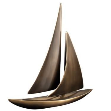 Imagem de Escultura de veleiro de latão em base de madeira feita à mão, modelo de navio decorativo para decoração de escritório em casa, presente com tema náutico (CF Sailboat-Q)