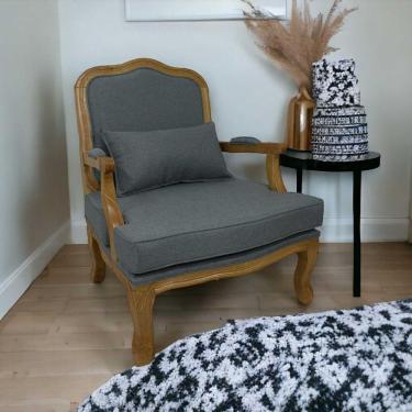 Imagem de Poltrona Clássica King Entalhada Verniz Mel E Linho Cinza Escuro