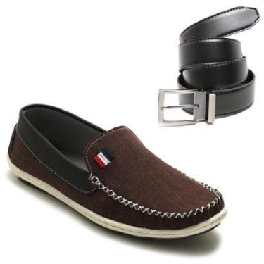 Imagem de Kit Mocassim Masculino Jeans Sapato Dockside Calce Fácil + Cinto-Masculino