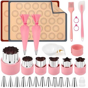 Imagem de Tapetes de silicone Macaron 29P - Coldairsoap 2 meias folhas de silicone macaron 29,5 x 42 cm, 1 separador de ovos, 1 pincel de pastelaria, 1 espátula, 12 pontas de cobertura, 2 sacos de confeitar, 1