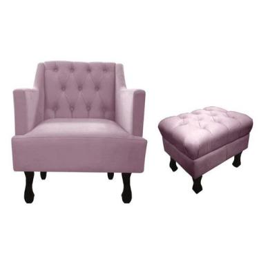 Imagem de Kit Poltrona Decorativa Julia + Puff Luis Xv Suede Rosê Pés Madeira Mz