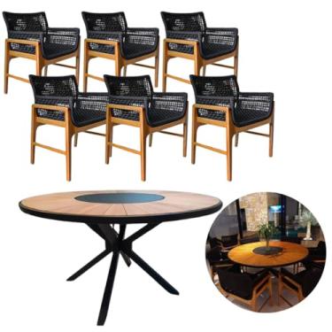 Imagem de Conjunto Mesa de Jantar Redonda 150cm Centro Giratório e 6 Poltronas Tokyo em Corda Náutica, Madeira e Alumínio, Preto