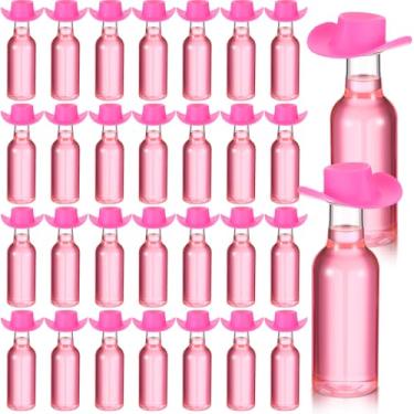 Imagem de Baderke Pacote com 30 mini garrafas de licor de 50 ml com mini chapéus de cowboy rosa garrafas de plástico com tampa de vaqueira para aniversário, casamento, festa de despedida de solteira de cowboy