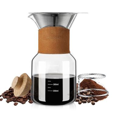 Imagem de BOILMERIT Cafeteira com filtro de aço inoxidável de camada dupla, gotejador de café de 590 ml, jarra de vidro com gola de couro vintage e tampa de cortiça e suporte de filtro para café expresso