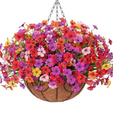 Imagem de Flores artificiais artificiais penduradas com cestos para decoração de primavera ao ar livre, margarida colorida de seda falsa, eucalipto, resistente a UV, visual real para casa, pátio, jardim,