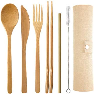 Imagem de Onwon Conjunto De Talheres De Viagem De Bambu Inclui Faca Reutilizável, Garfo, Colher, Pauzinhos, Canudo, Utensílios De Bambu Orgânicos Ecológicos, Utensílios De Acampamento, Utensílios De Viagem P