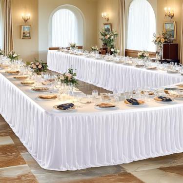 Imagem de Saia de mesa branca longa de 5,2 m para decorações de mesa retangulares – Saia de mesa plissada de poliéster resistente a vincos para escritório, chá de bebê, festa de aniversário, casamento,