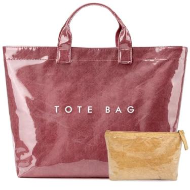 Imagem de RUNSOON Sacola moderna de PVC para mulheres, sacola de papel kraft com estampa de letras grande bolsa de trabalho com alça superior, Vinho tinto, Large