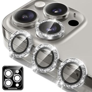 Imagem de BERFY Protetor de lente de câmera para iPhone 15 Pro/15 Pro Max, anel de metal de liga de alumínio com glitter, acessórios de proteção de tela de vidro temperado 9H, antiarranhões, compatível com