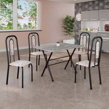 Imagem de Conjunto de Mesa Tubular 100x60cm Tampo em Granito Topázio com 4 Cadeiras Lívia Botanic Bege / Preto