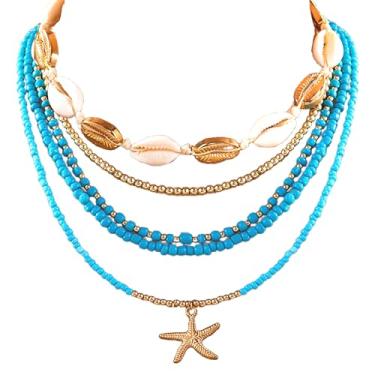 Imagem de Pacote com 5 colares femininos de praia boho com contas de argila Puka concha de estrela do mar para verão 2025 em camadas para roupas de viagem, Metal, Sem Pedra Preciosa
