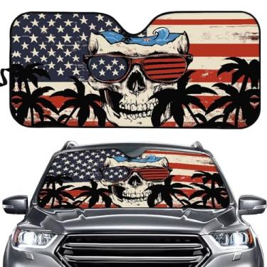 Imagem de ZFRXIGN Bandeira Americana Caveira Carro Frontal Para-brisa Para-sol Auto Sunshade Venda 4 de Julho 2025 Havaiano Palmeira Gráfica Blocos Gráficos Raios UV Viseira de Sol Tema Patriótico