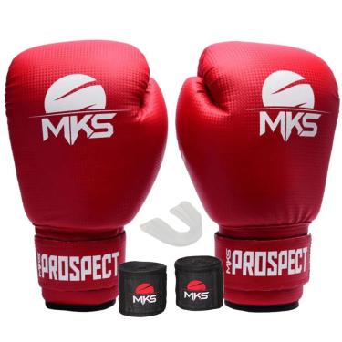 Imagem de Kit Luva de Boxe Muay Thai Kickboxing Prospect Vermelho com Bandagem 2,55m e Protetor Bucal MKS-Unissex