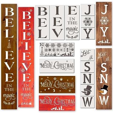 Imagem de Estênceis de Natal para pintura em madeira reutilizáveis, 36 peças, kit grande de estênceis de Natal: Believe, Let it Snow, Joy, Merry Christmas, mais 14 flocos de neve em mais tamanhos e 10 formas
