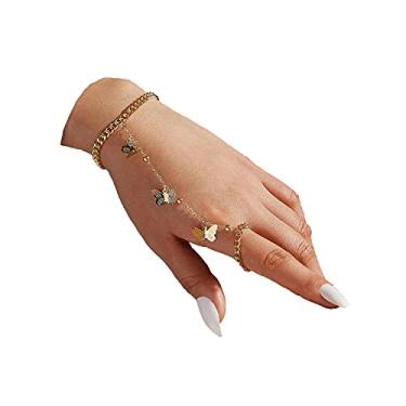 Imagem de INENIMARTJ Boho borboleta estrela lua pérola corrente pulseira com anéis, borla, cristal, anel de dedo escravo, arnês de mão, Large, Metal, Cristal