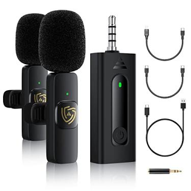 Imagem de Microfone de lapela sem fio para câmera iPhone iPad Android, 3,5 conectores, latência ultrabaixa, redução de ruído de IA, Plug and Play, adequado para entrevistas, transmissão ao vivo, YouTube