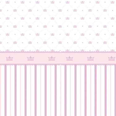 Imagem de Papel De Parede Listrado Rosa E Lilas Com Coroa Infantil
