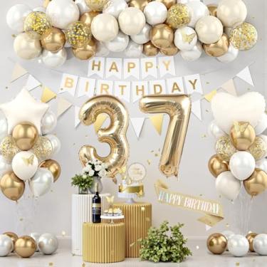 Imagem de Decorações de aniversário de 37 anos, decorações de festa de aniversário de ouro branco para mulheres e homens, balões de creme boho bege suprimentos de festa com faixa, faixa brilhante, topo de bolo