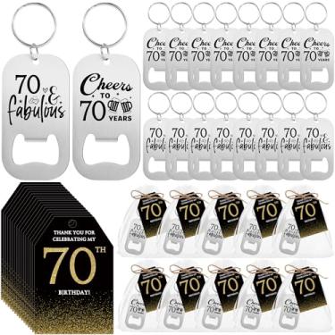 Imagem de Tioncy 50 conjuntos de lembrancinhas de festa de 70 anos para convidados Abridor de garrafas de cerveja chaveiros cartões de agradecimento sacos de organza corda a granel lembranças de aniversário