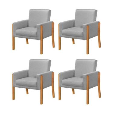 Imagem de Kit 4 Poltronas Sala De Espera Pés Em Madeira Santorini Linho Cinza - Cinza