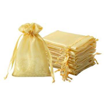 Imagem de QIANF 20 bolsas de organza douradas pequenas, 10 x 15 cm para lembrancinhas de casamento com cordão, mini bolsas de presente de malha, bolsa de joias para chá de panela de doces, lembrancinha de festa