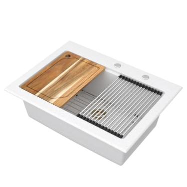 Imagem de Talllor Pia de cozinha branca - Pia de cozinha composta de granito de 76 cm com montagem superior para estação de trabalho de quartzo branco bacia de pia única, 76 cm x 56 cm #TLGT-110