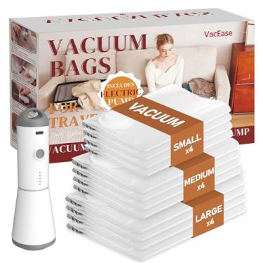 Imagem de Vacbird Sacos de vácuo de viagem com bomba de ar de carregamento sem fio, pacote com 12 sacos de vedação de armazenamento a vácuo para roupas (4 grandes + 4 médias + 4 pequenas), embalagem de