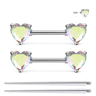 Imagem de Ruifan Piercing de mamilo de titânio roscado internamente anel coração AB colorido CZ língua anéis de barra reta piercing corporal joias para mulheres homens 14G 14 mm com cone de piercing reto