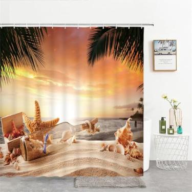 Imagem de Cortinas de chuveiro estampadas com conchas de praia e mar, tela de cortina de banho com estrelas do mar, produtos à prova d'água, decoração de banheiro com ganchos, 3384W,W90xH180cm