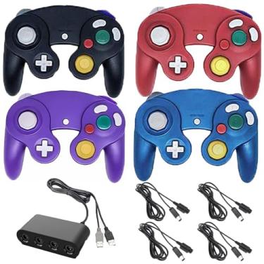 Imagem de Poulep Pacote Com 4 Controles De Gamecube Fio, Adaptador Usb E Cabo Extensão Para Gamecube, Switch, Wii, Console Wii U, Pc (Preto, Roxo, Vermelho Azul)