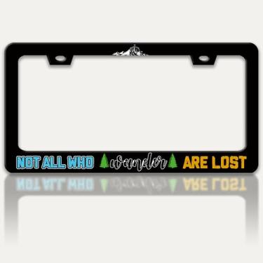 Imagem de Not All Who Wander are Lost Moldura de placa de licença Montanhas Bússola Suportes de placa de licença engraçados de aço inoxidável Suporte de acessórios automotivos 2 furos com parafusos Universal Us