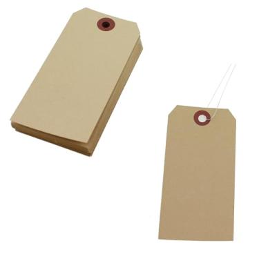 Imagem de Maxmoral 60 peças 12 x 6 cm etiqueta dupla face de papelão marrom resistente com furo reforçado e laço de metal para joias, roupas, artigos de papelaria, artesanato fino