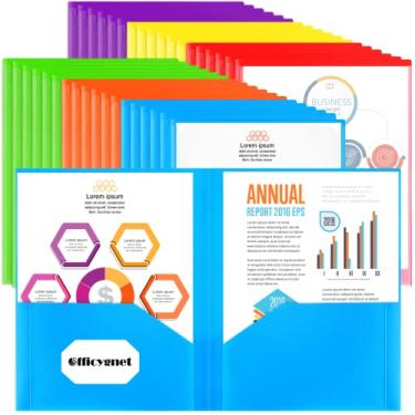 Imagem de Officygnet 30 pacotes, 2 pastas de bolso com bolso frontal transparente, pastas de plástico resistente a granel para material escolar e de escritório, pastas multicoloridas de dois bolsos para papel tamanho carta, 6 cores