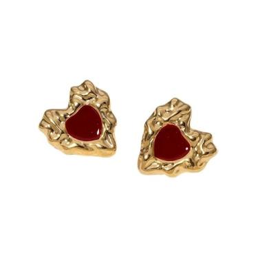 Imagem de Brincos femininos de aço inoxidável em forma de coração de amor banhados a ouro 18 k sem desbotamento com design irregular de martelo em forma de coração, one size, Aço inoxidável, Sem pedra preciosa